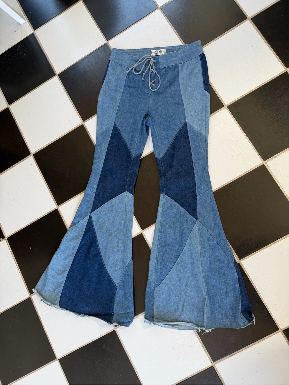 Free People Two-Tone Patchwork Flare Jeans in Blue Denim - Picture 3 of 7